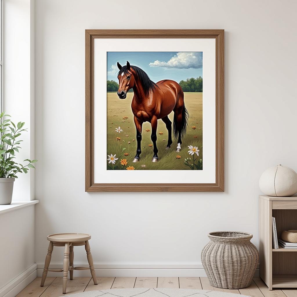 A framed paint by numbers horse artwork hanging on a wall