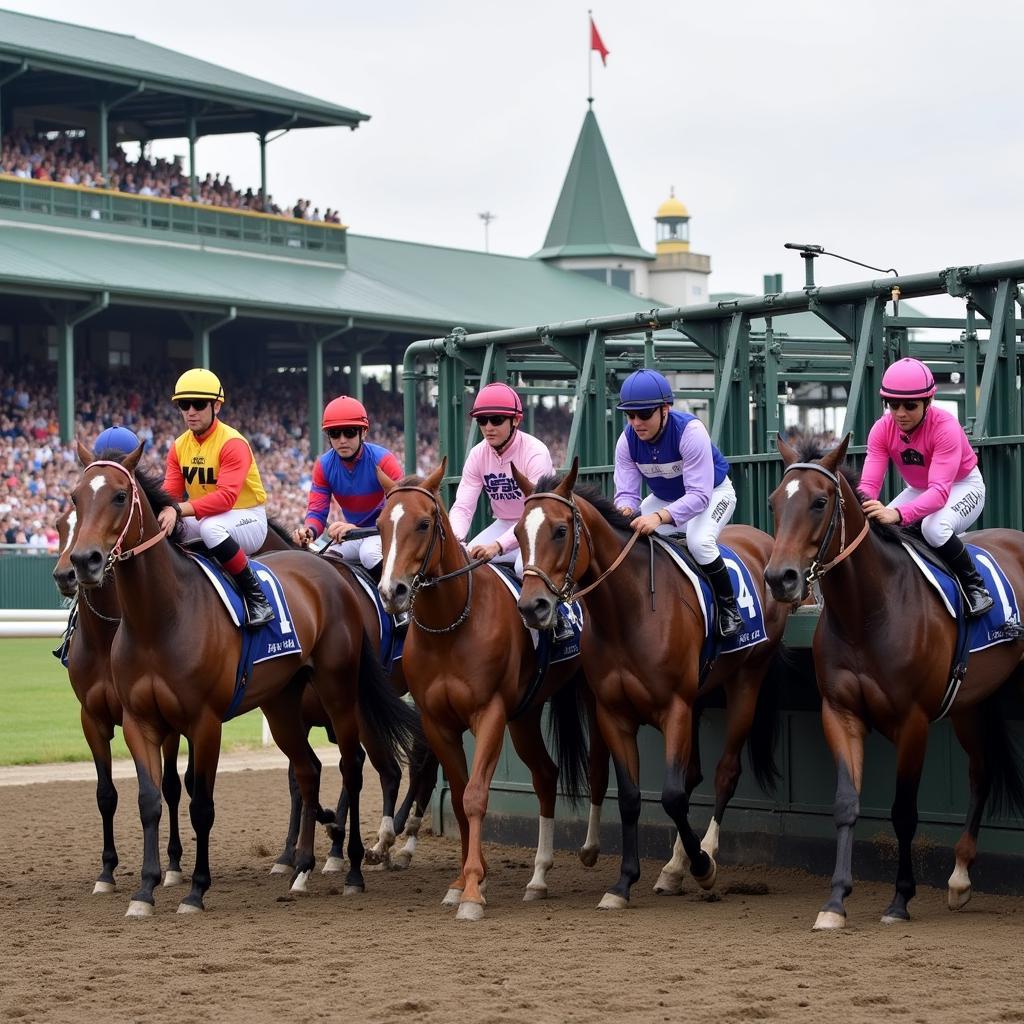 Fredericksburg Texas Horse Races: Horses line up at the starting gate, anticipation building for the upcoming race.