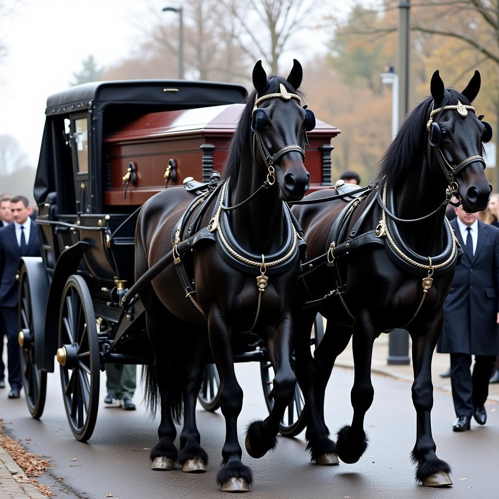 A stately funeral horse procession with a polished casket carriage.