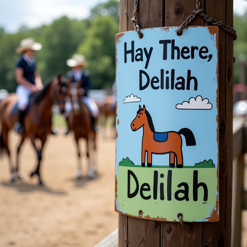 A humorous sign displaying a funny horse show name at a local competition