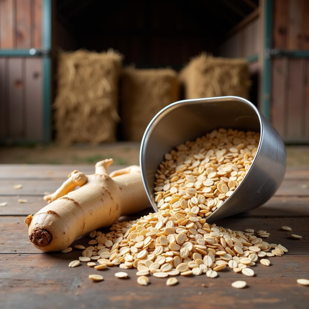 Ginseng root displayed next to a horse feed scoop, highlighting the potential use of ginseng as a horse supplement.