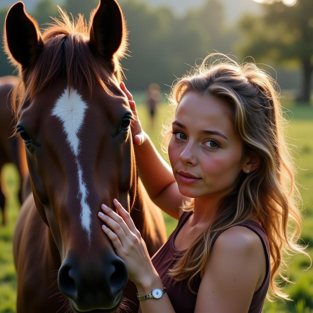 A young woman expressing concern for a horse's well-being.