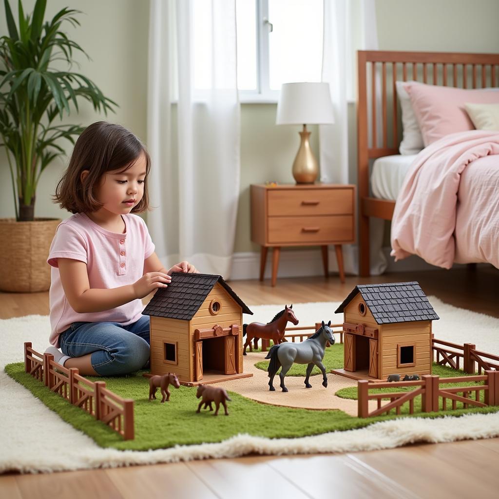 Girl Playing with a Horse Play Set in Her Bedroom