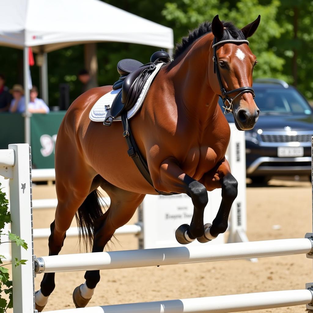 Grand Prix Jumping Horse for Sale: A Powerful Chestnut Horse Clearing a High Jump