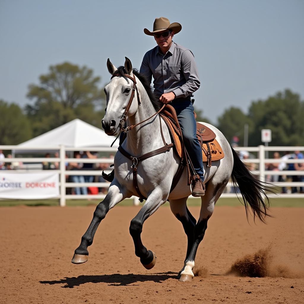 A gray horse paint competing in a western pleasure competition