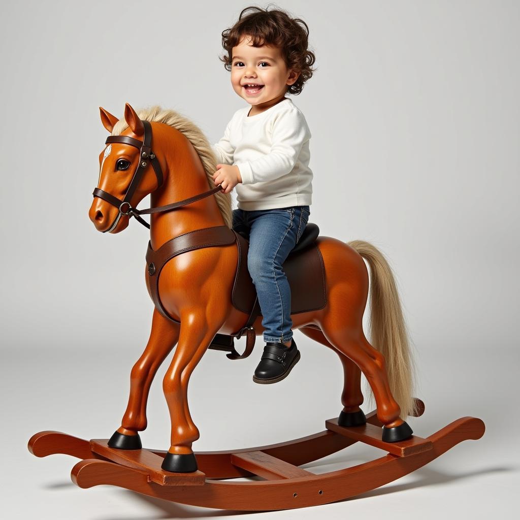 A child gleefully playing on a beautifully crafted handmade wooden rocking horse, showcasing the joy and timeless appeal of this classic toy.