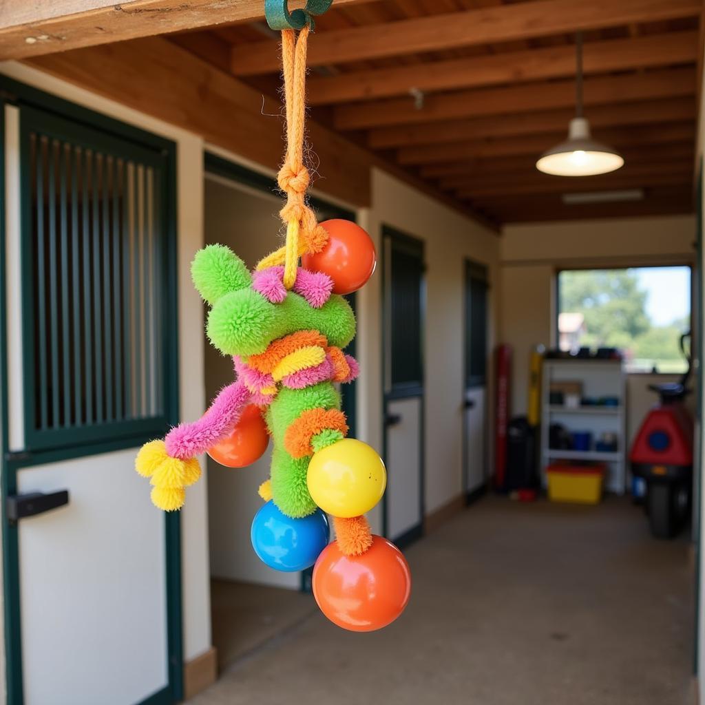 A colorful hanging horse chew toy.