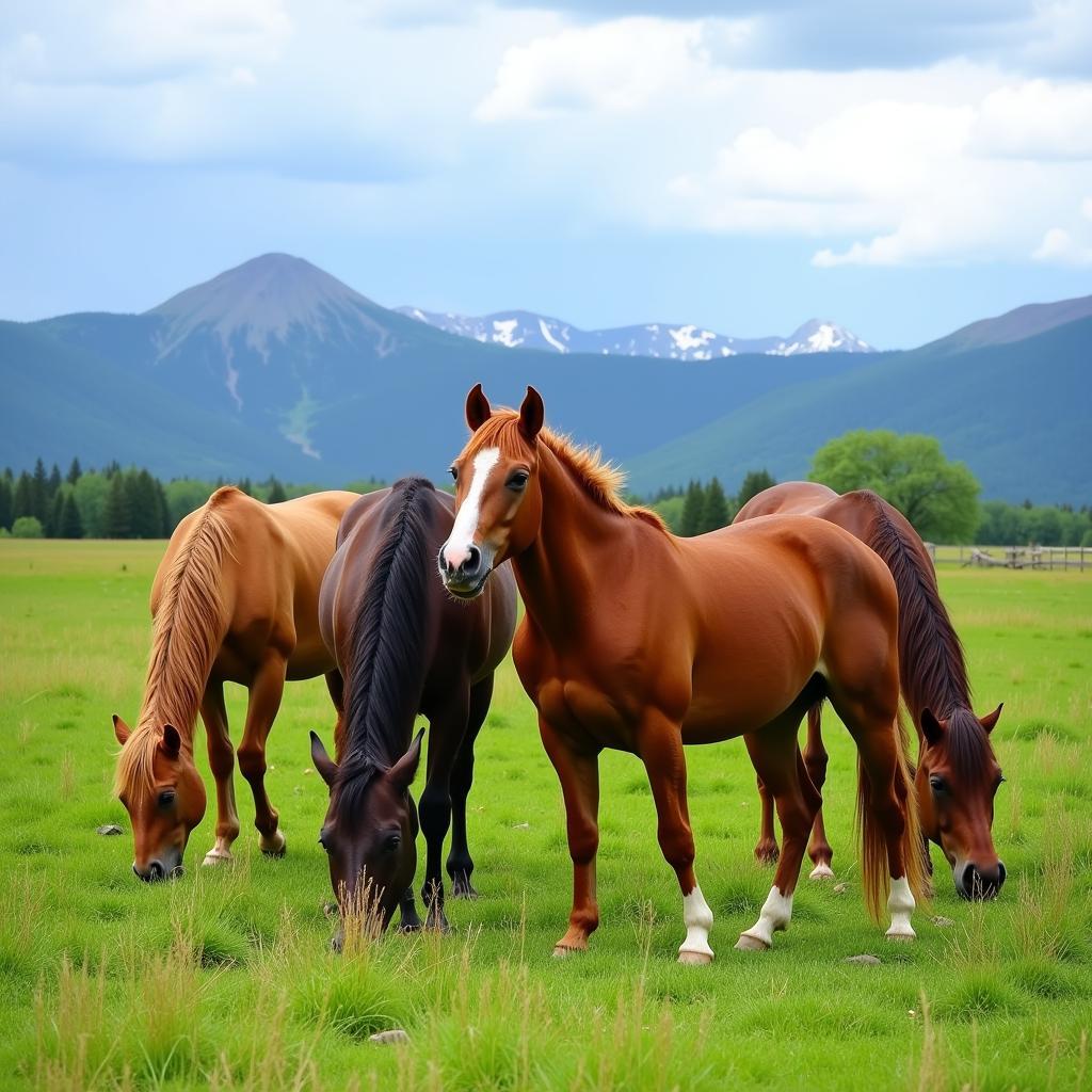 Horses happily grazing in a pasture in Santa Fe, NM