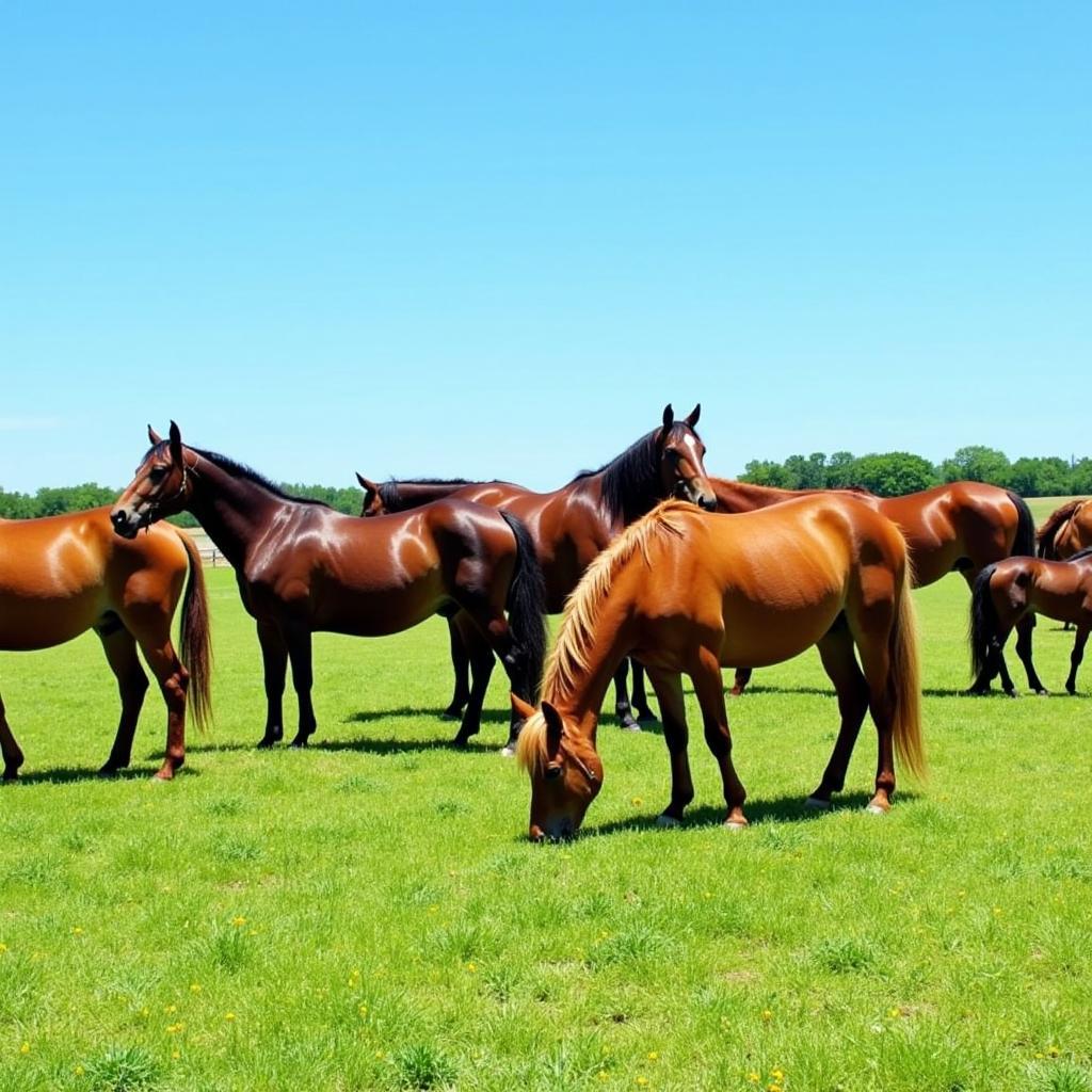 Healthy horses grazing on a lush pasture in North Carolina at a boarding facility.