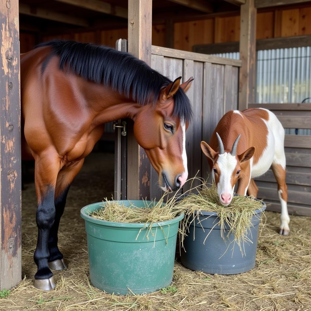 Horse and Goat Eating Hay From Separate Feeders