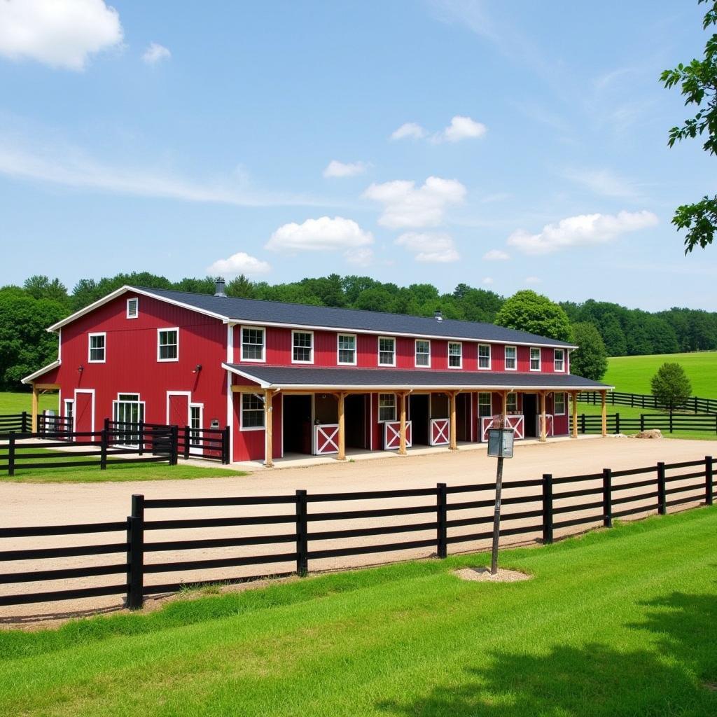 Exterior view of a horse barn available for lease, showcasing its amenities and surrounding landscape