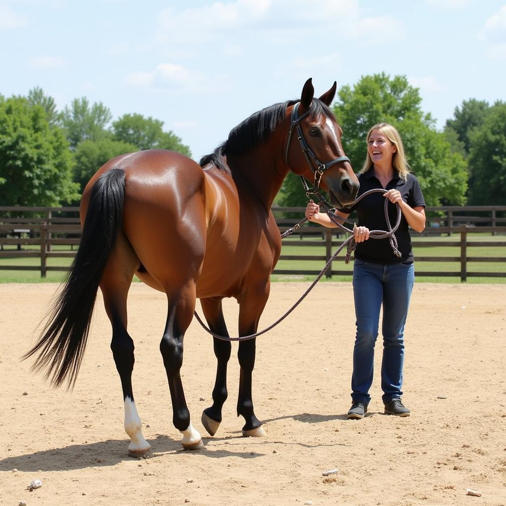 A horse being long lined in an outdoor arena by a handler.