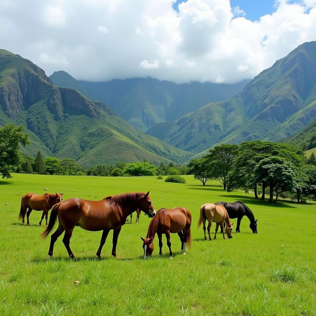 Different horse breeds thriving in the Hawaiian mountains.