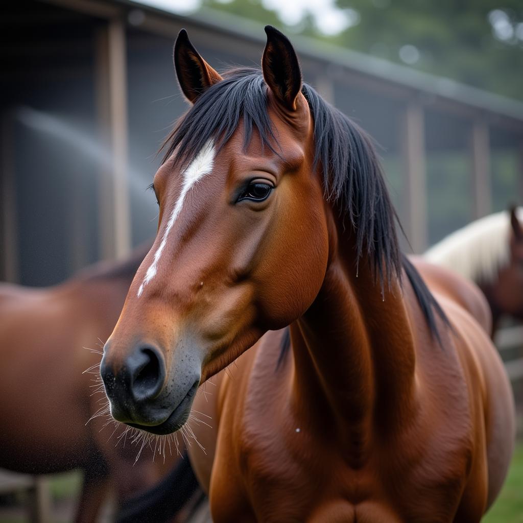 Horse cooling down with a mister