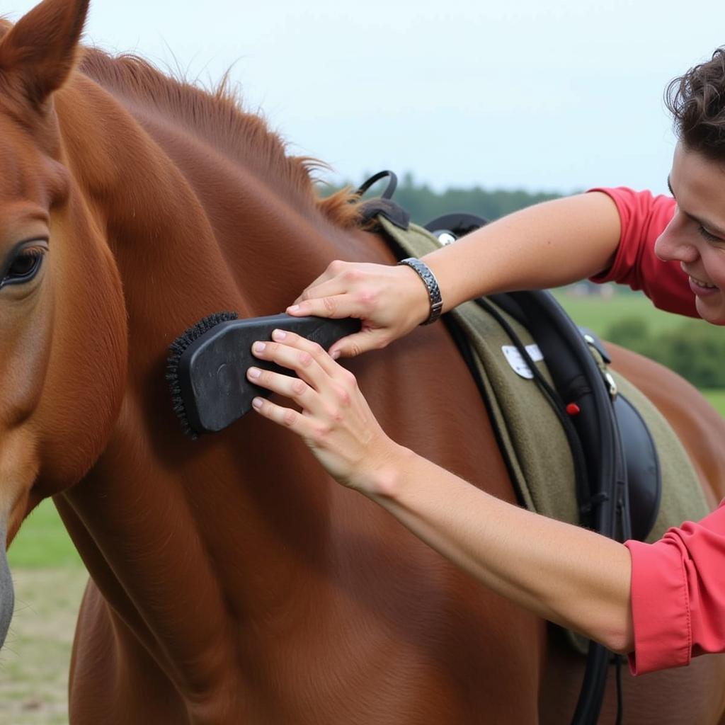 Grooming a horse with deshedding brush, following direction of hair growth