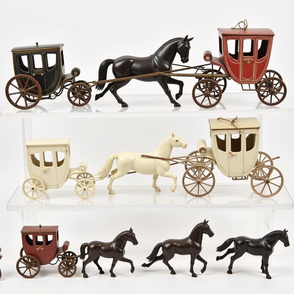 A collection of various horse drawn carriage ornaments, showcasing different styles, materials, and sizes.