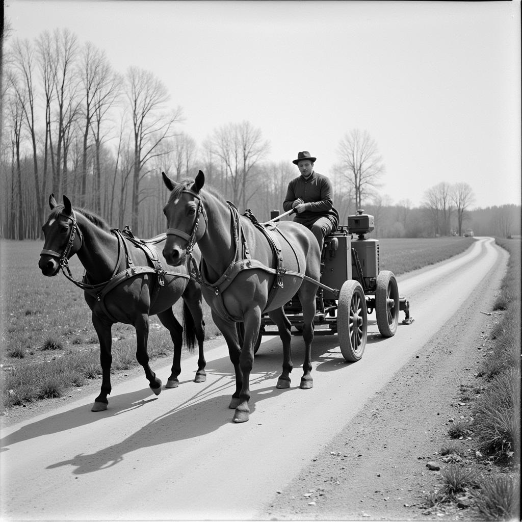 Horse Drawn Road Grader in Action: A historical photograph depicting a horse-drawn road grader in use, showcasing the horses, the operator, and the impact on the road surface.