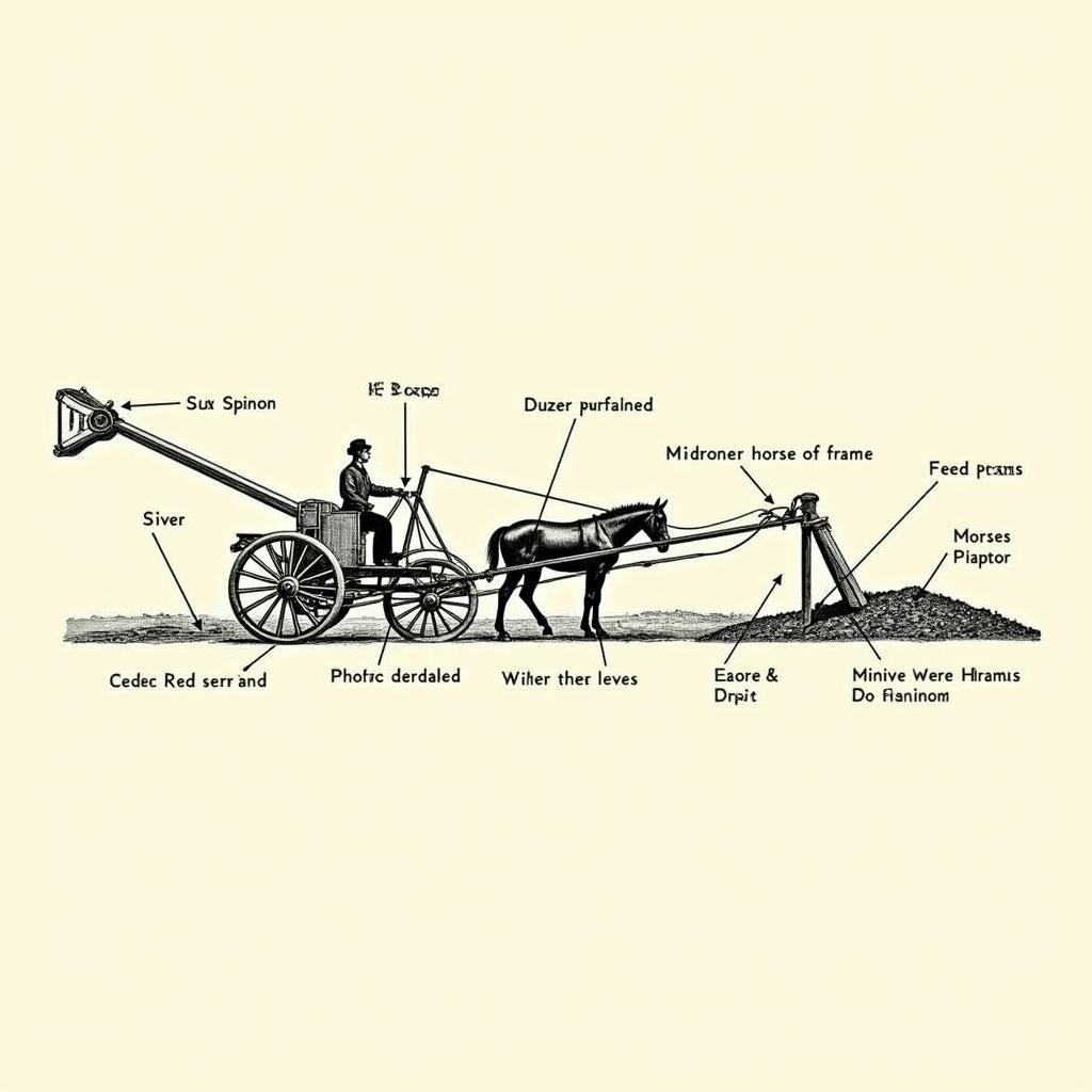 Horse Drawn Road Grader Mechanics: A detailed diagram illustrating the key components and operating mechanisms of a typical horse-drawn road grader, including the blade, levers, frame, and horse hitch.