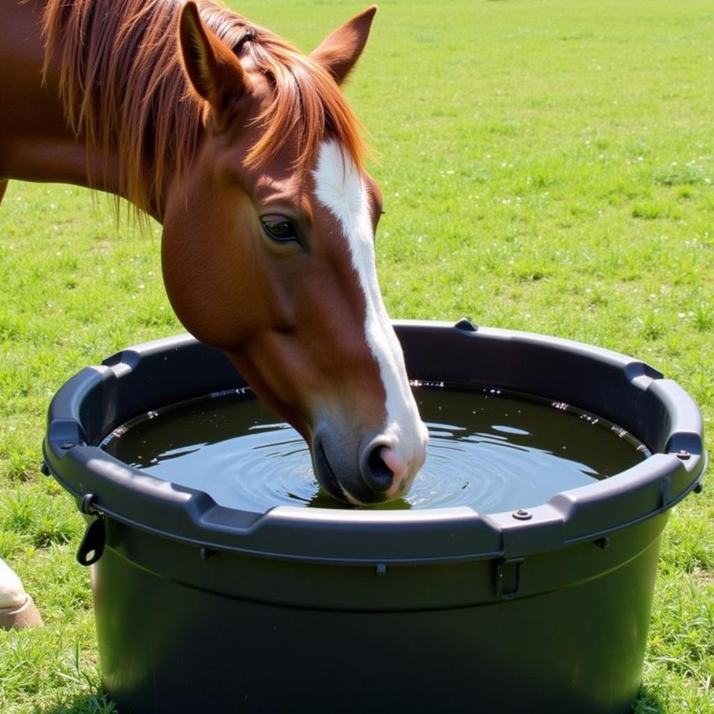 A horse drinking from a clean water trough in a pasture.