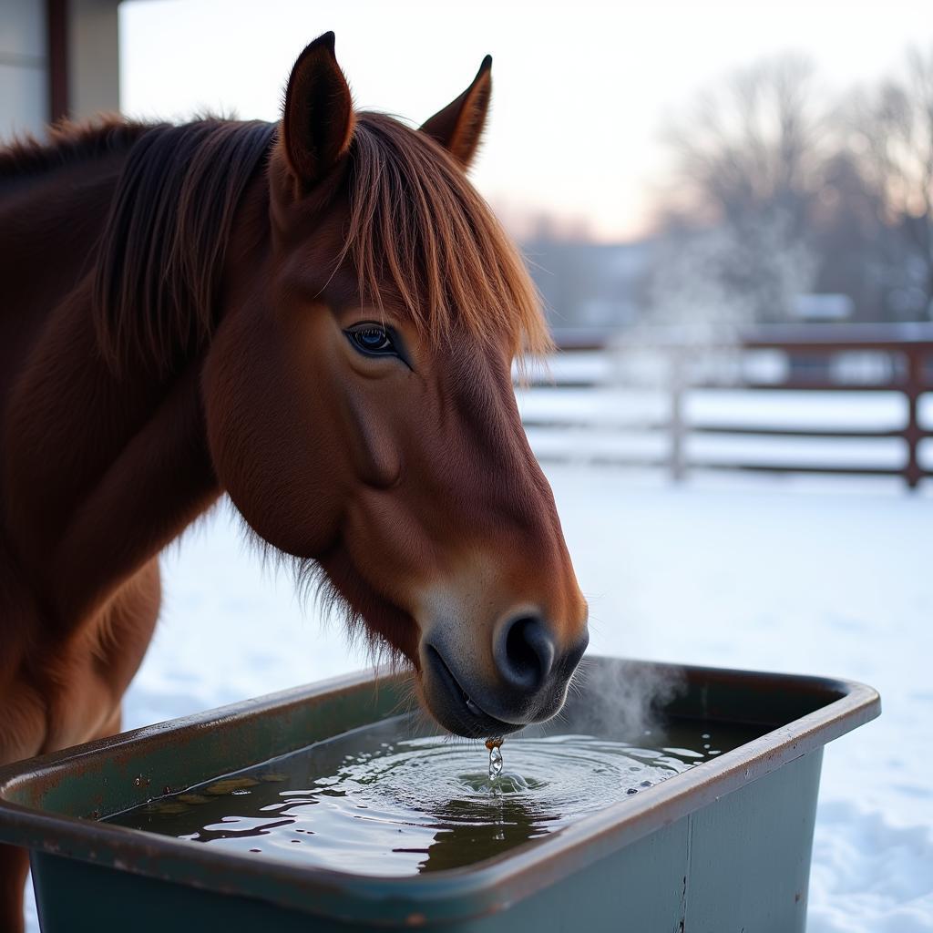 A horse drinking water from a heated trough in winter.