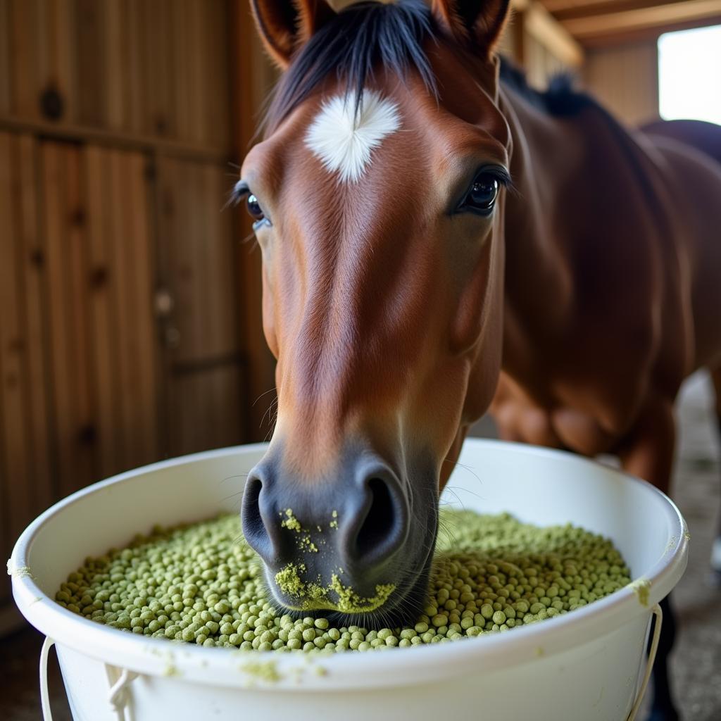 Horse Enjoying Alfalfa Pellets