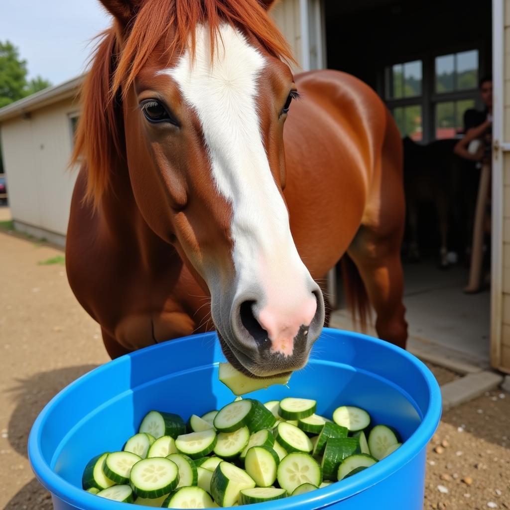 Horse eating diced cucumbers from a bucket