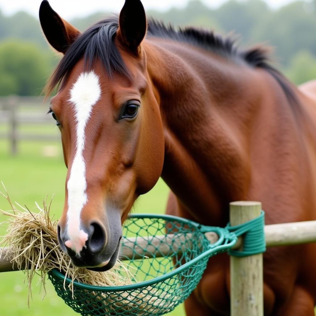 Horse Eating from a Slow-Feed Hay Net