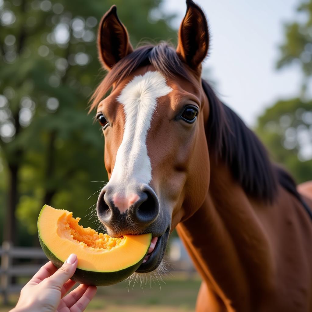 A horse safely eating a piece of edible gourd