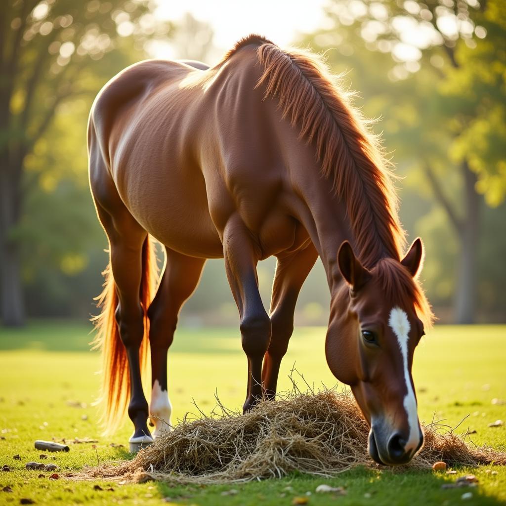 A horse enjoys a balanced diet of hay, the foundation of equine nutrition.