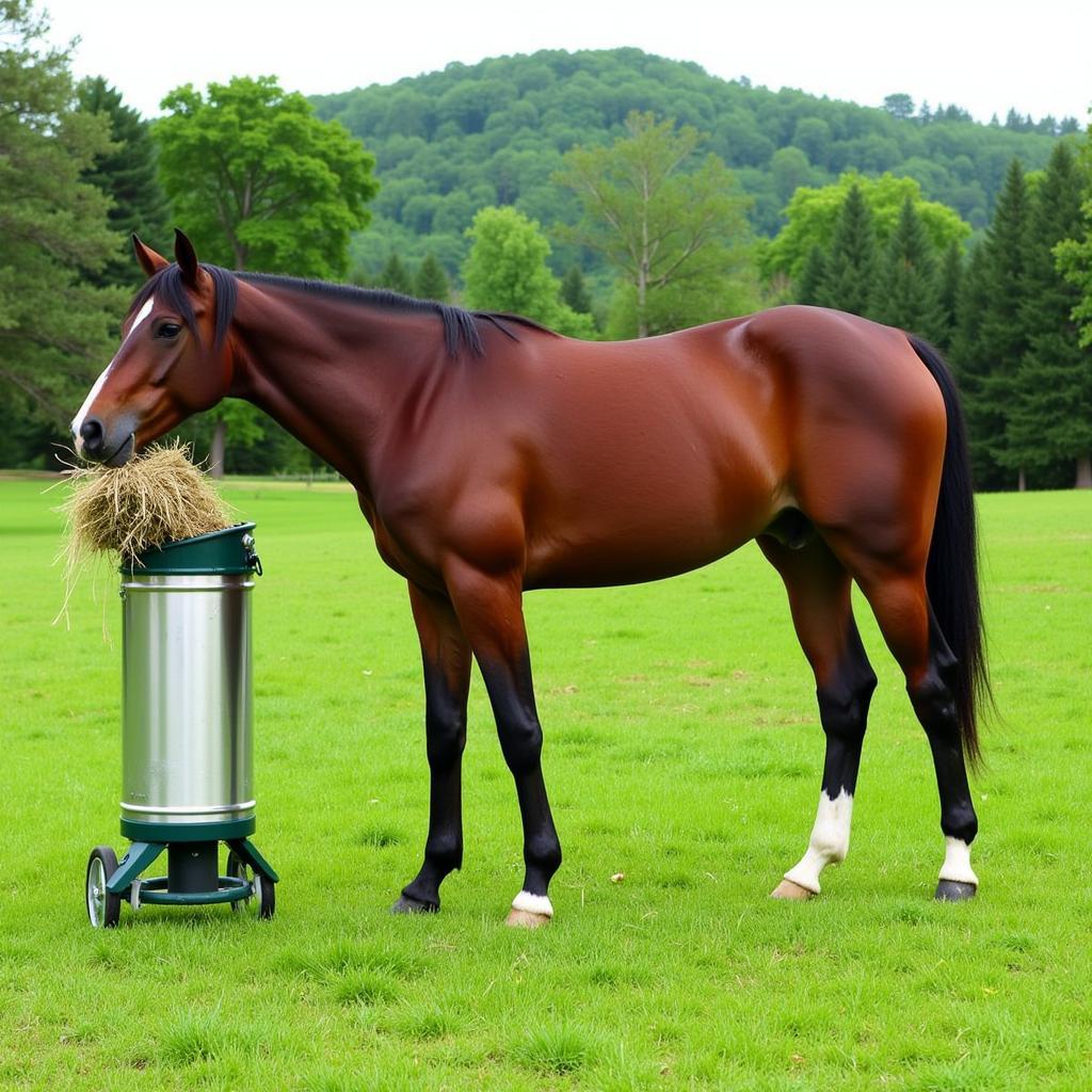 Horse grazing on hay in a green pasture