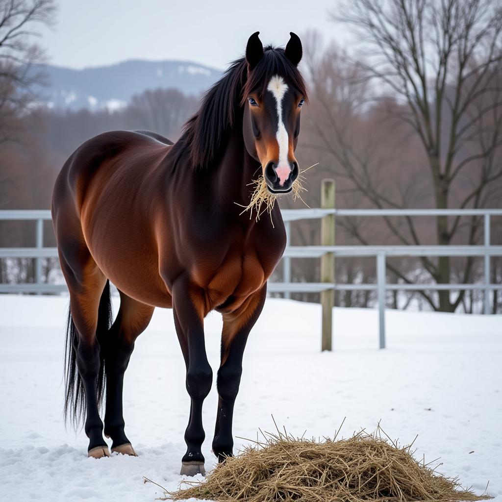 Horse eating hay in a winter paddock