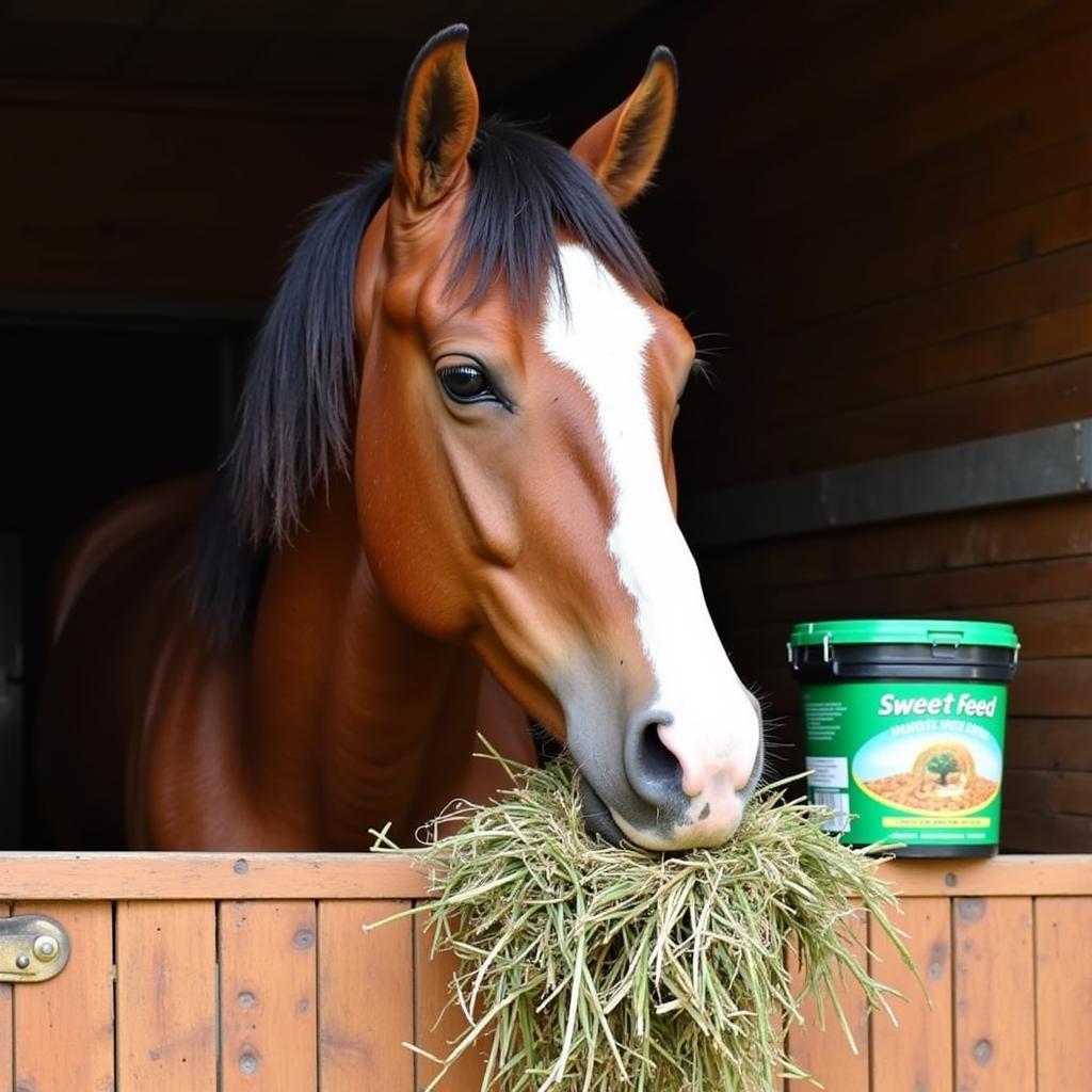 Horse Eating Hay with Sweet Feed Supplement