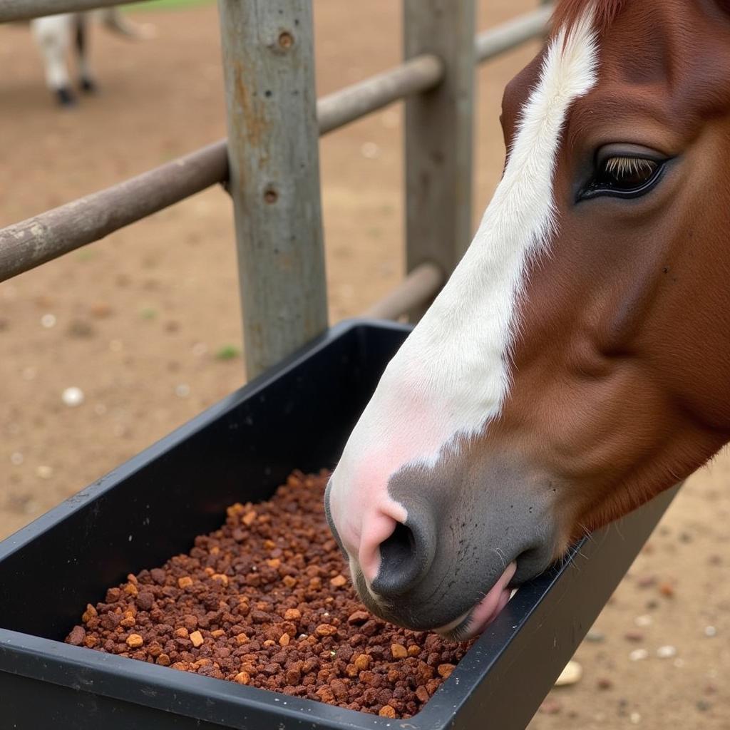 Horse Eating Minerals from a Feeder