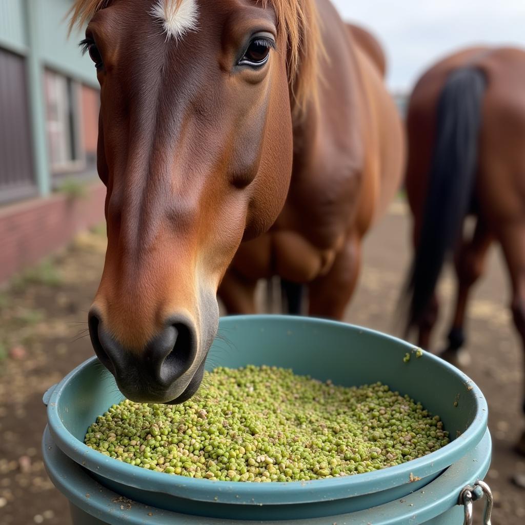 A horse eating horse gram sprouts from a bucket