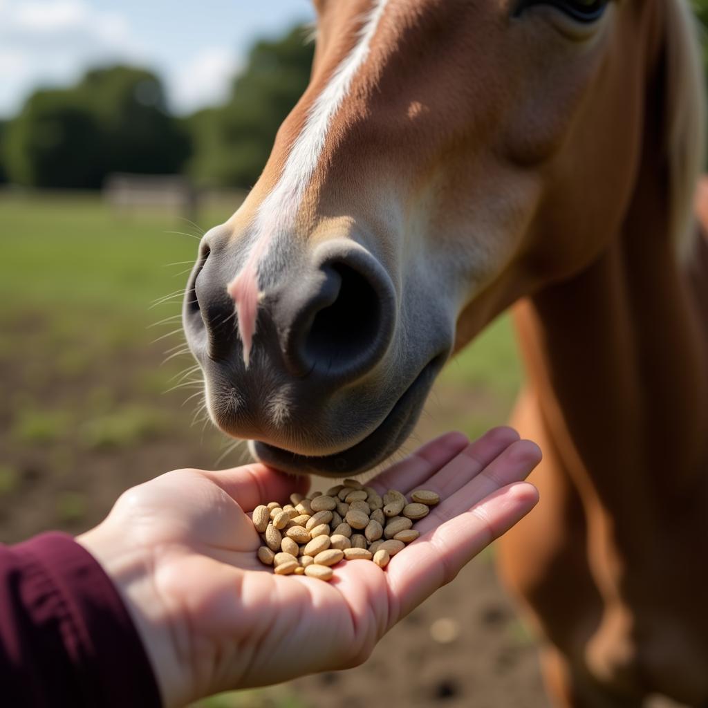 A horse enjoys a handful of sunflower seeds from its owner.