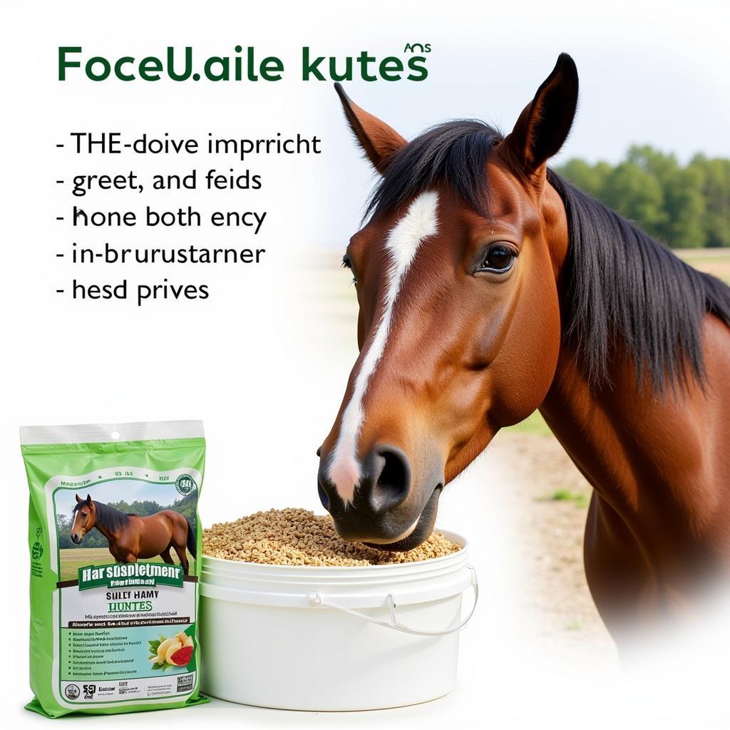 A horse eating feed supplemented with hoof supplement powder.