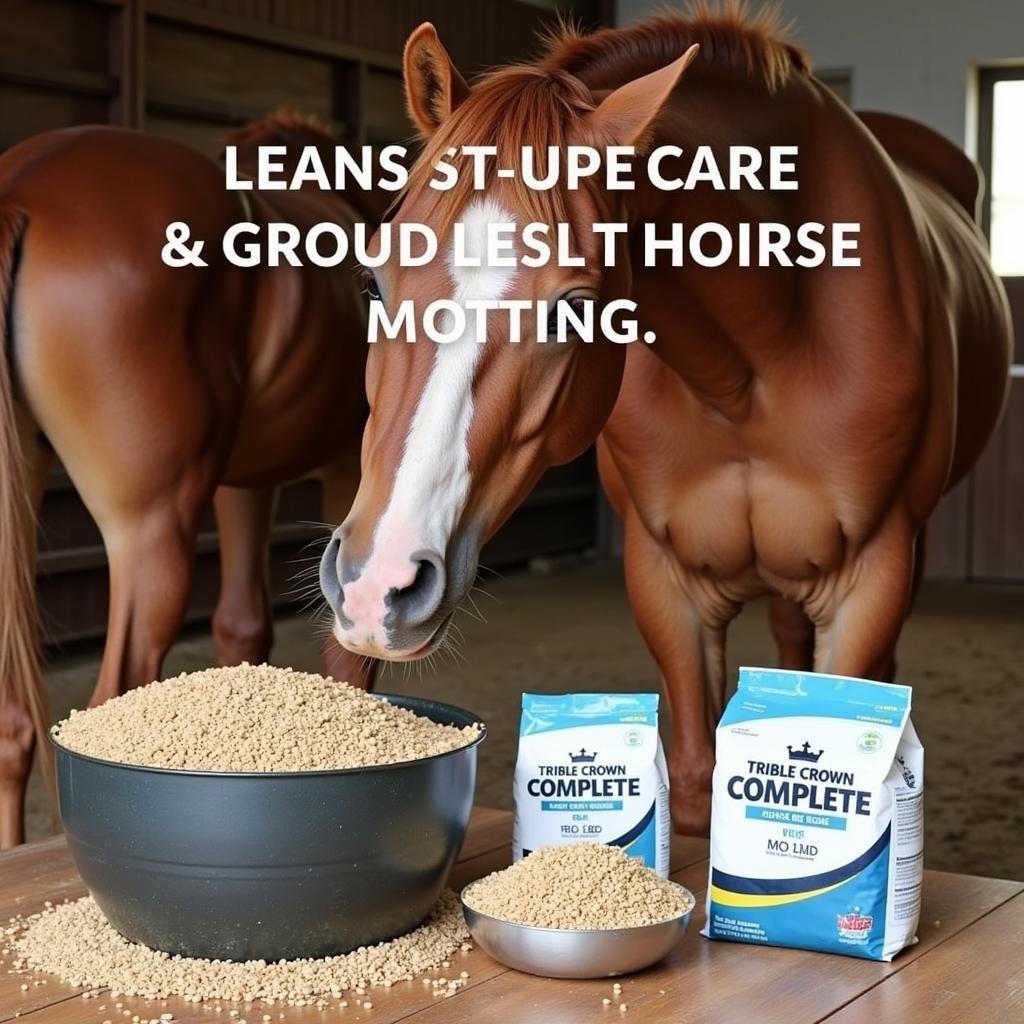 A horse happily eating Triple Crown Complete Horse Feed from a feeder in a stable.