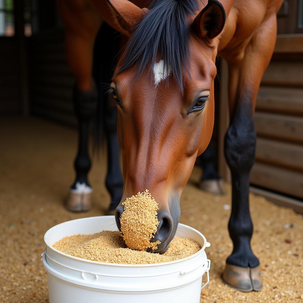 Horse Eating Wheat from a Bucket