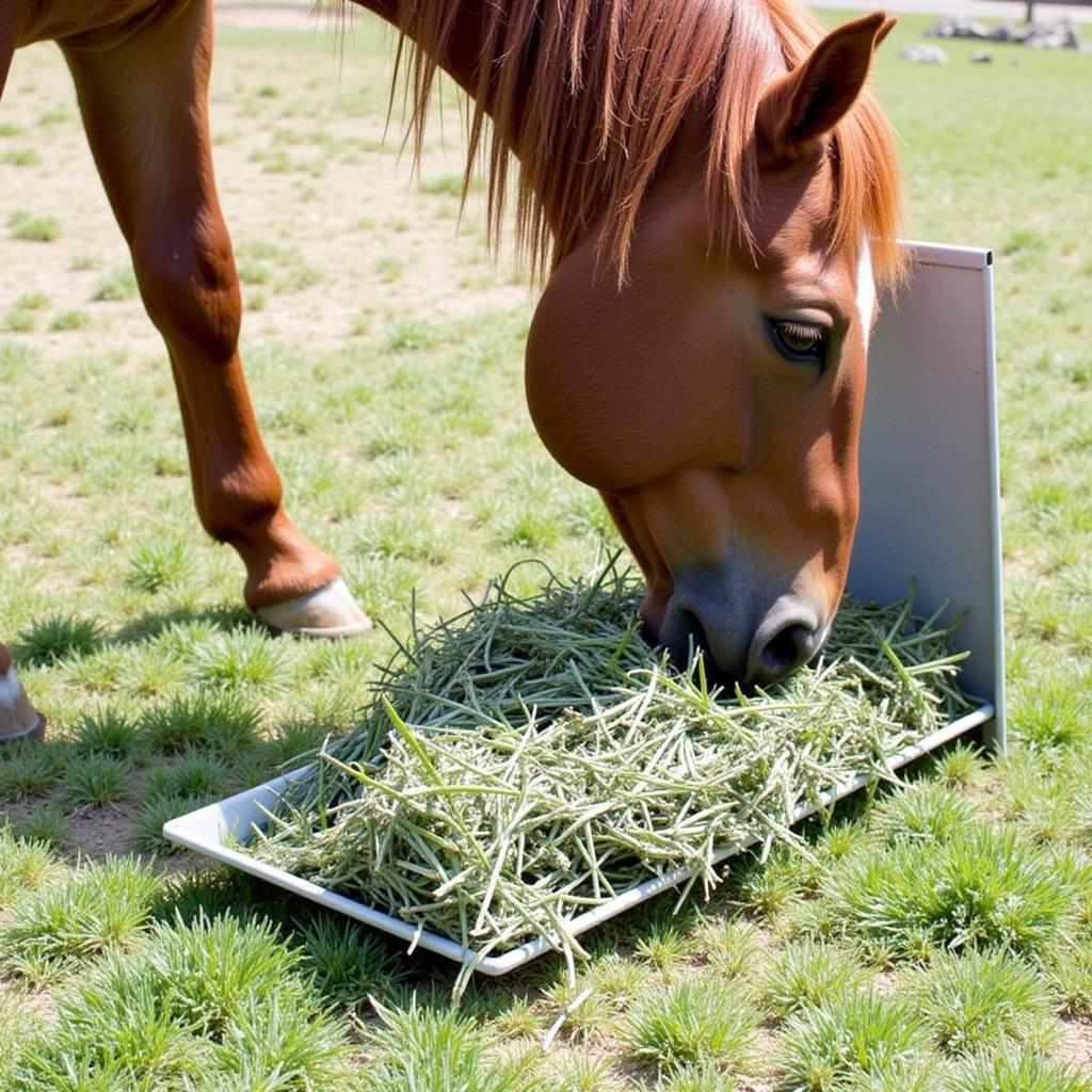 A horse enjoying a healthy portion of high-quality hay