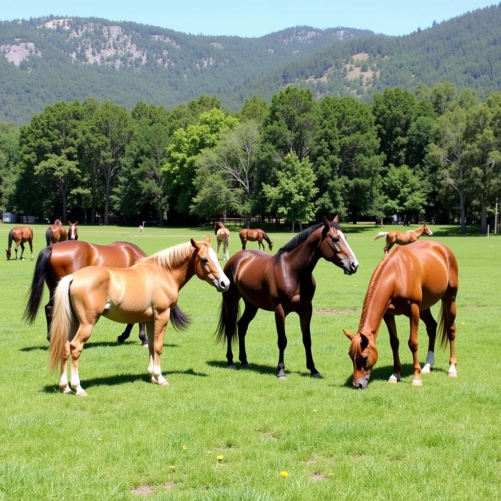 Horses enjoying turnout time in a spacious paddock near 6490 Iron Horse Blvd.