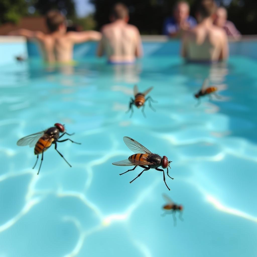 Horse flies buzzing around a swimming pool