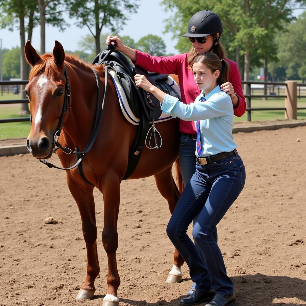 Rider preparing their horse for a fun show class, focusing on grooming and tack.