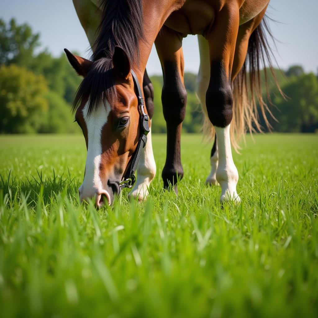 Horse Grazing in Lush, Healthy Pasture