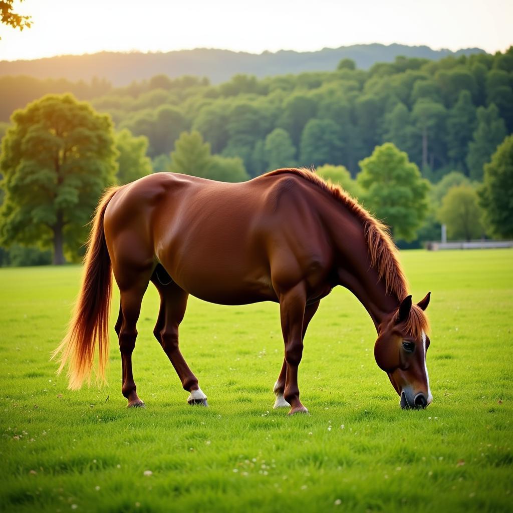 A horse grazing peacefully in a lush green pasture