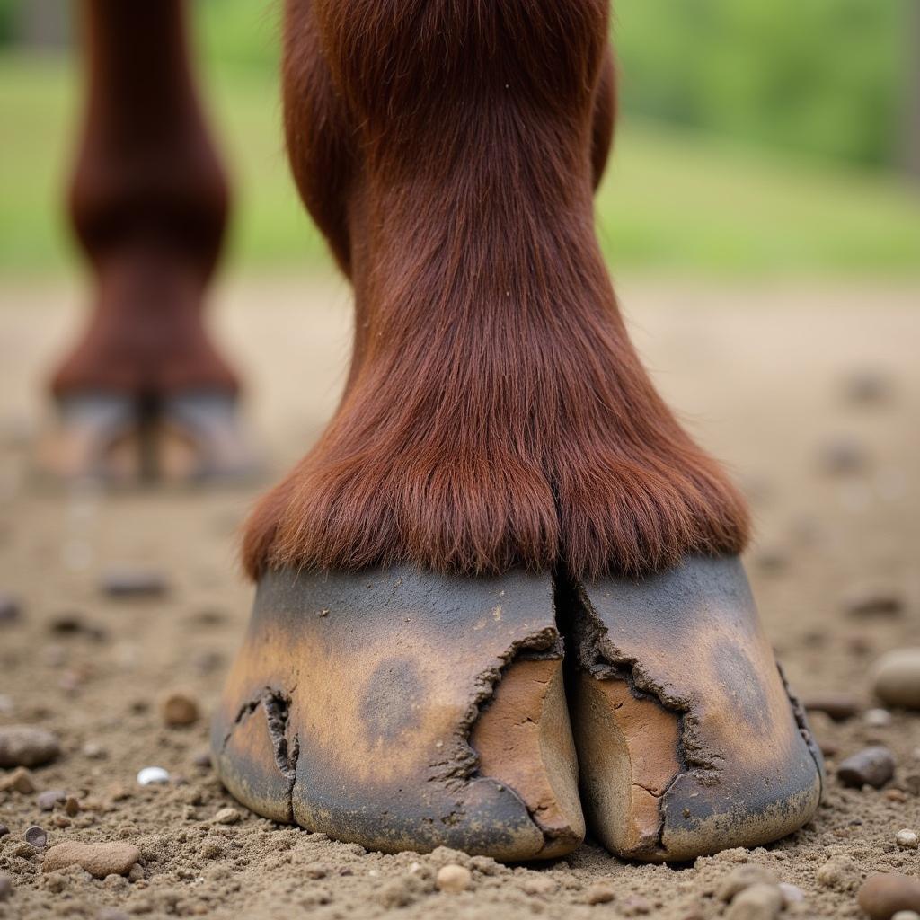 Close-up view of a damaged horse hoof, showing cracks and chips.