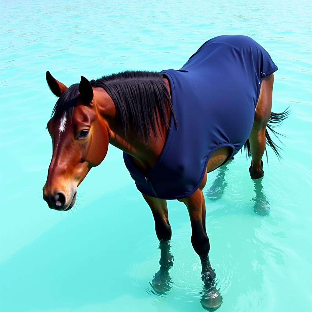 Horse happily wearing a full-body swimsuit while standing in shallow water