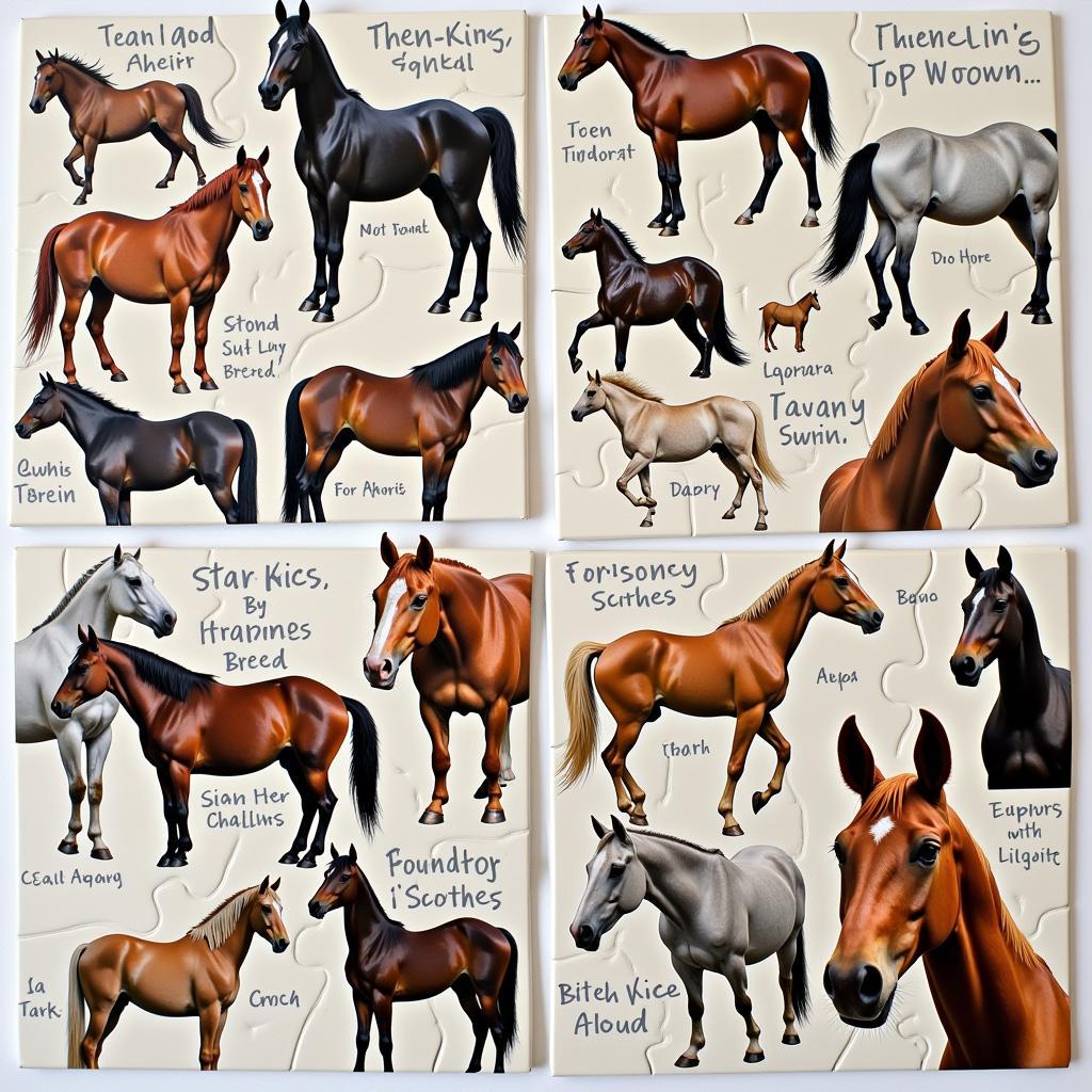 Jigsaw puzzles featuring different horse breeds like Arabians, Clydesdales, and Mustangs.