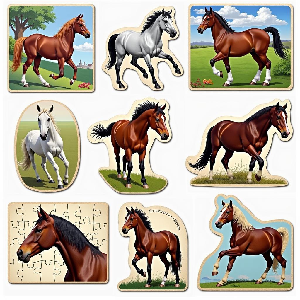 Various horse jigsaw puzzles showcasing different breeds, sizes, and difficulty levels.