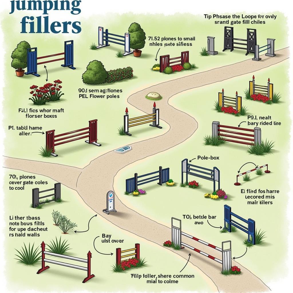 Various horse jumping fillers, including flowers, poles, and gates.