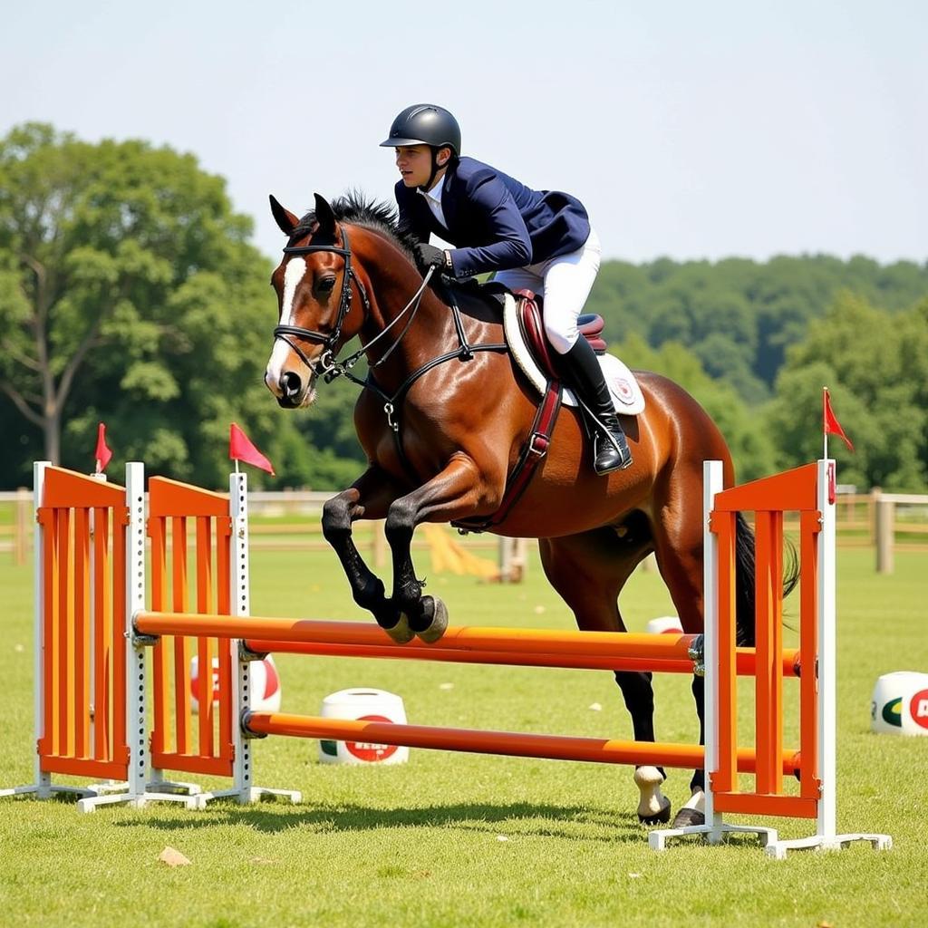 Horse jumping over fence with visible jump cups